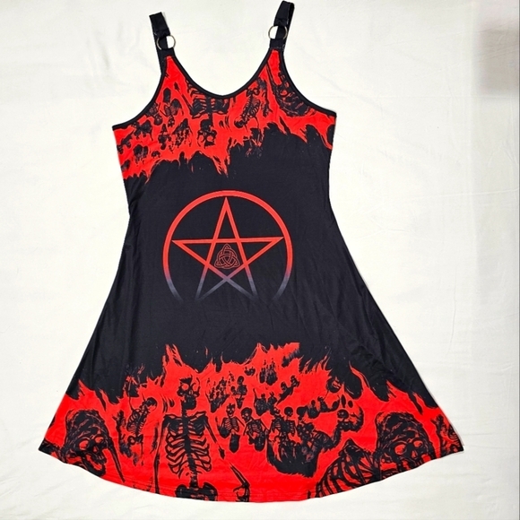 Witchy Gothic ✦ Skull & Pentacle Print A-Line Dress ✦ O-Ring Straps ✦ Red/Black - Picture 9 of 17